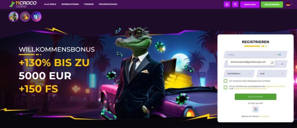 Die Webseite von 11Croco bewirbt ein ansprechendes Willkommenspaket.