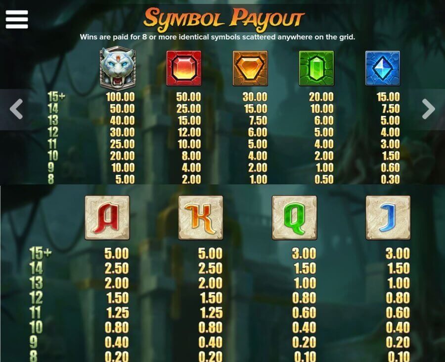 Im Gegensatz zu vielen anderen Spielautomaten des klassischen Typs gibt es bei diesem Slot keine festen Gewinnlinien. Stattdessen erzielen Sie Gewinne, sobald <strong>mindestens 8 identische Symbole</strong> an zufälligen Positionen im 6x7-Raster auftreten.