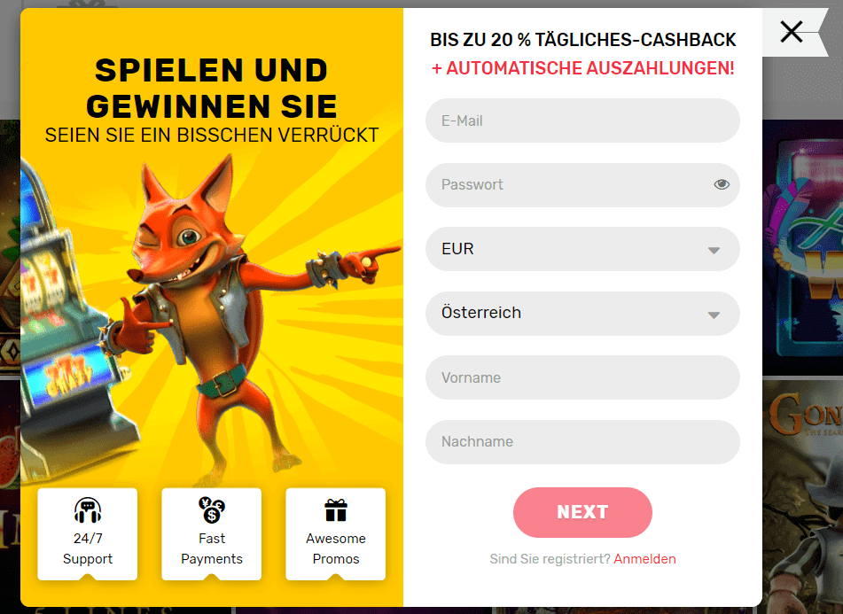 Einfache Registrierung im Crazy Fox Casino.