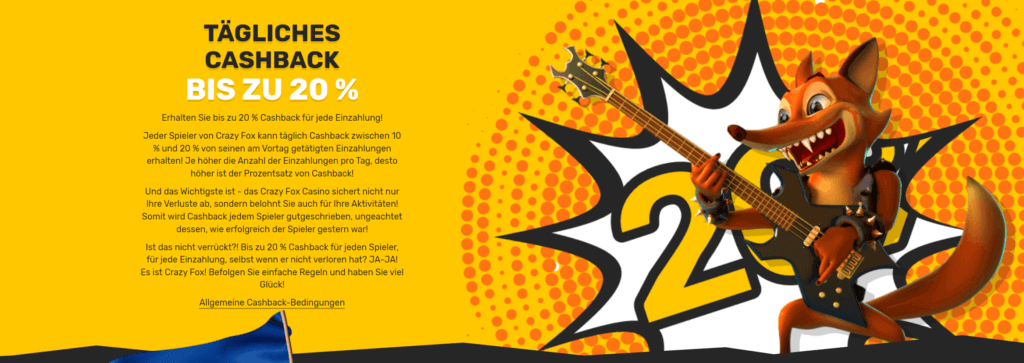 Im Crazy Fox Casino profitieren Sie jeden Tag von einem Cashback von bis zu 20 %