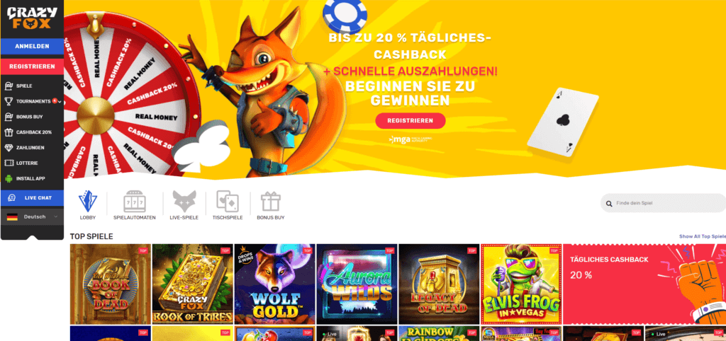Crazy Fox Casino Homepage Willkommen