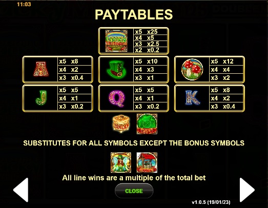Die Auszahlungstabelle von Double Lucky Mushrooms DoubleMax zeigt die Werte der Symbolauszahlungen an.