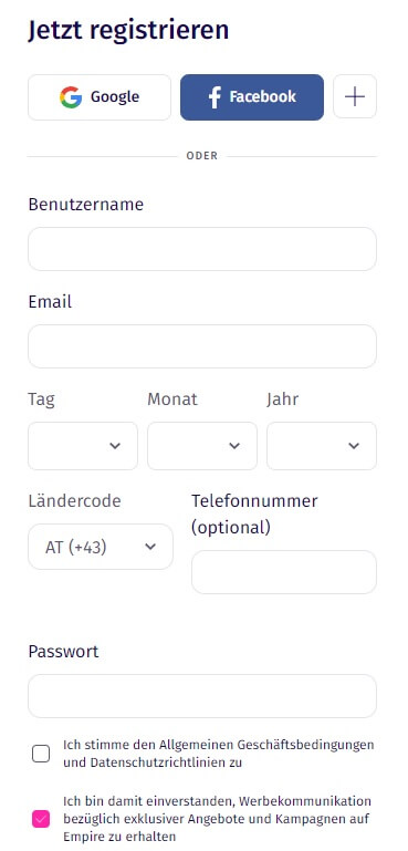 Für die Registrierung bei Empire.io stehen Ihnen verschiedene Plattformen wie Facebook zur Verfügung.
