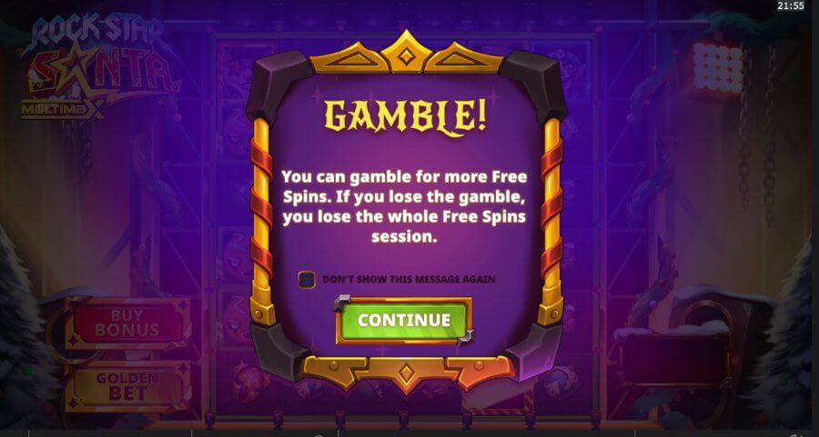 Der Slot <em>Rock Star Santa MultiMax</em> bietet eine Golden Bet-Funktion über die Schaltfläche links im Raster. Beachten Sie, dass diese Funktion in einigen Regionen möglicherweise nicht verfügbar ist, ebenso wie die Kaufoption. Aktivieren Sie die Golden Bet, wird Ihr Einsatz pro Drehung um 25% erhöht, während die regulären Auszahlungen davon unberührt bleiben. Allerdings verdoppelt sich die Chance auf Freispiele!