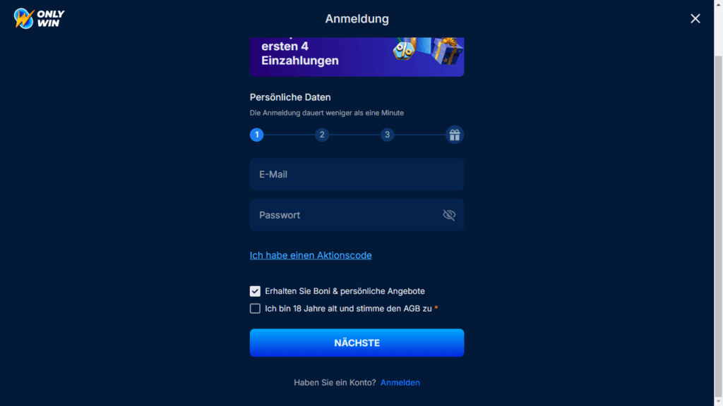 OnlyWin Anmeldung 2