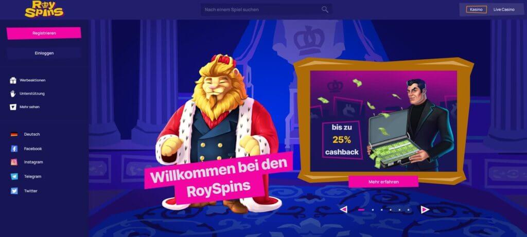 Die Startseite des Royspins Casinos wird von königlichen Blau- und Lilatönen geprägt.