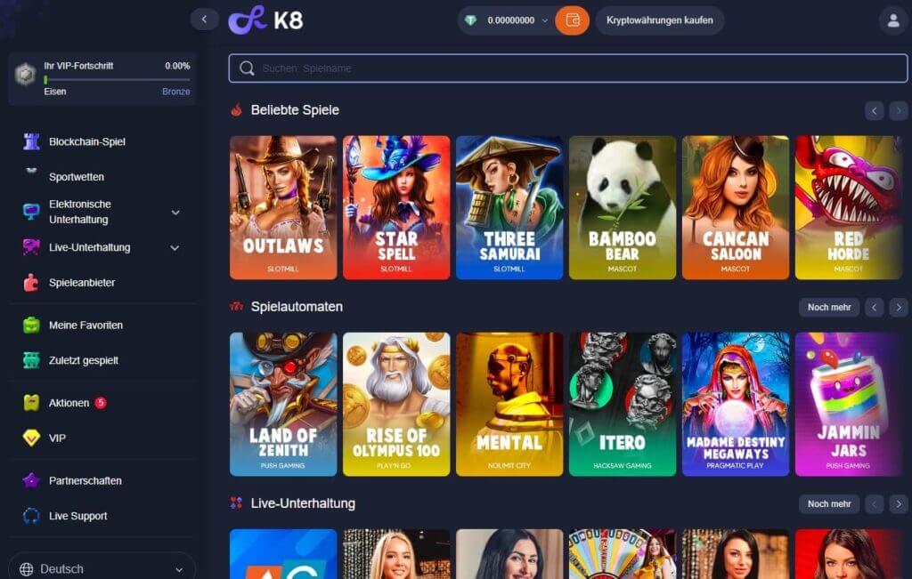 Im k8.io Casino können Sie aus über 4000 Casino-Spielen wählen.