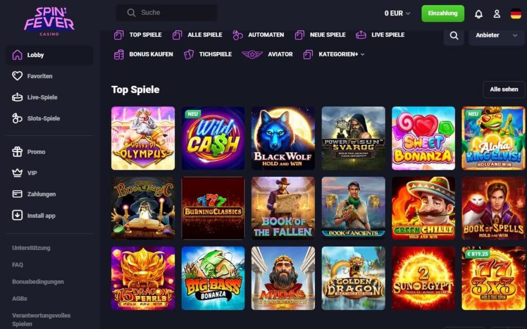 Im SpinFever erwartet Sie eine riesige Auswahl an Slots, Live Casino und Tischspielen.
