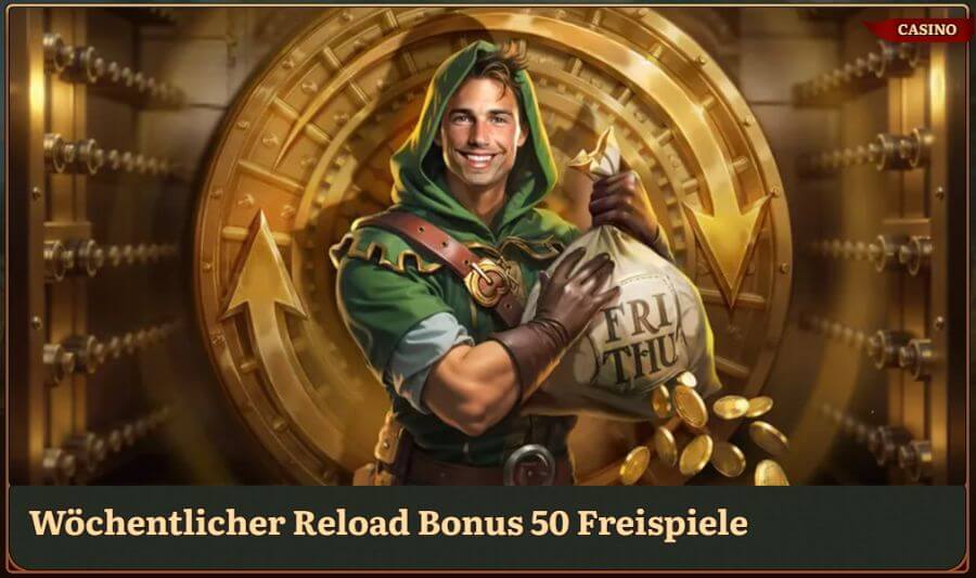 Die Aktion 'Wöchentlicher Reload: 50 Freispiele' ist eine hervorragende Gelegenheit, Ihr Spielerlebnis aufzupeppen und die Spannung hochzuhalten. Dieser Bonus wird wöchentlich von Montag bis Donnerstag gewährt und honoriert Spieler mit 50 Freispielen, sofern sie eine Mindesteinzahlung von 20 € leisten.