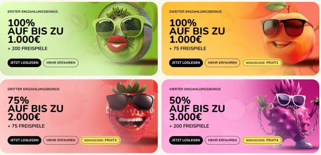 Die vier Willkommensboni im FatFruit Casino im Detail.