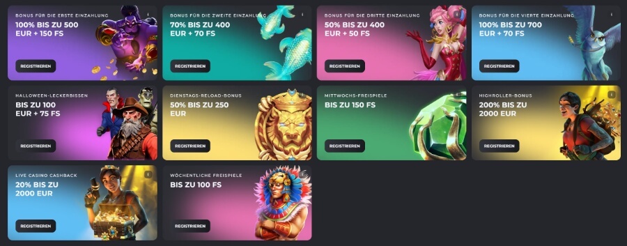, beispielsweise die „Freispiel-Mittwochsgeschenke“ mit bis zu <strong>150 Freispielen</strong> . Für eine Einzahlung von 30 € erhalten Sie beispielsweise 50 Freispiele, bei einer Einzahlung von 50 € zweimal 50 Freispiele und bei einer Einzahlung von 100 € sogar dreimal 50 Freispiele.
