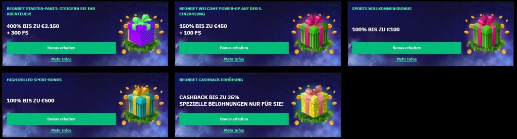 Eine kleine Auswahl der BeOnBet Bonusangebote.