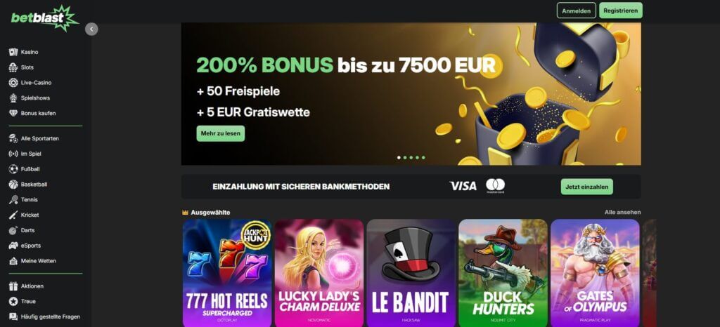 Die Webseite von BetBlast hebt den Willkommensbonus besonders hervor.