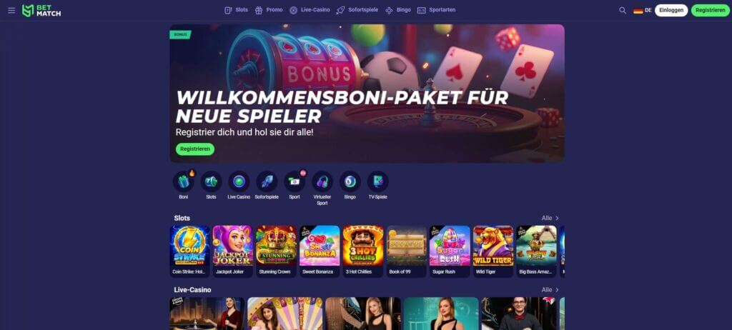 Die BetMatch-Webseite wirkt modern