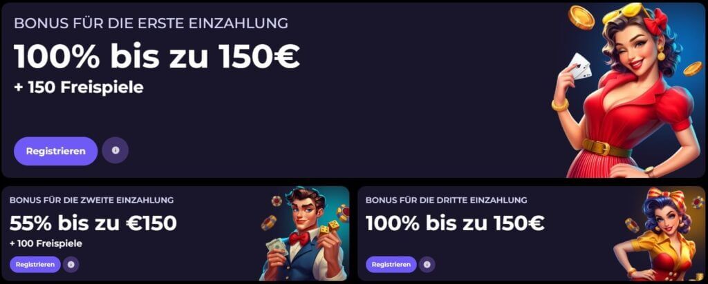 Im Willkommenspaket von BettySpin finden Sie drei attraktive Bonusangebote.