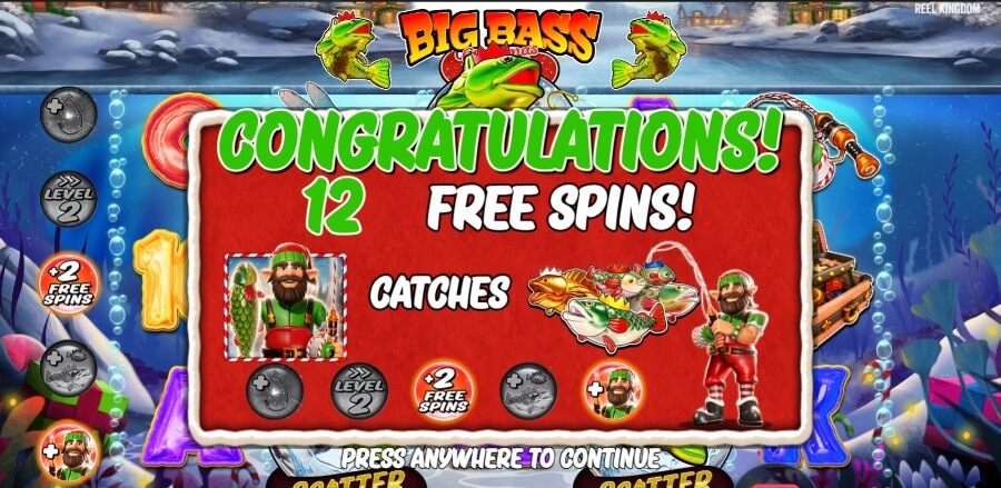 Big Bass Christmas Bash Freispiele mit zusätzlichen Anglern und zwei extra Freispielen