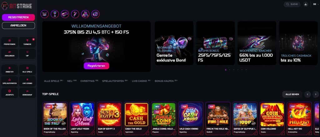 Die Bitstrike-Website präsentiert sich im futuristischen Design.