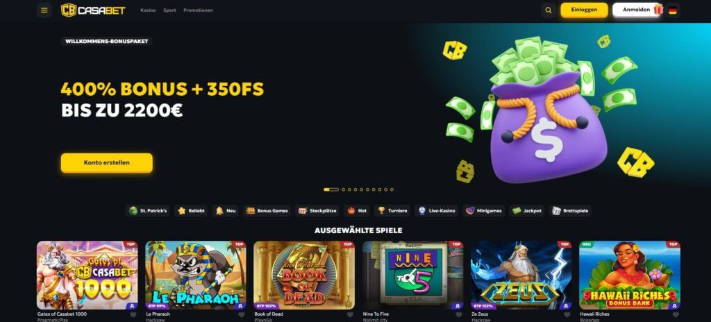 Auf der Casabet Website wird der Willkommensbonus prominent beworben.