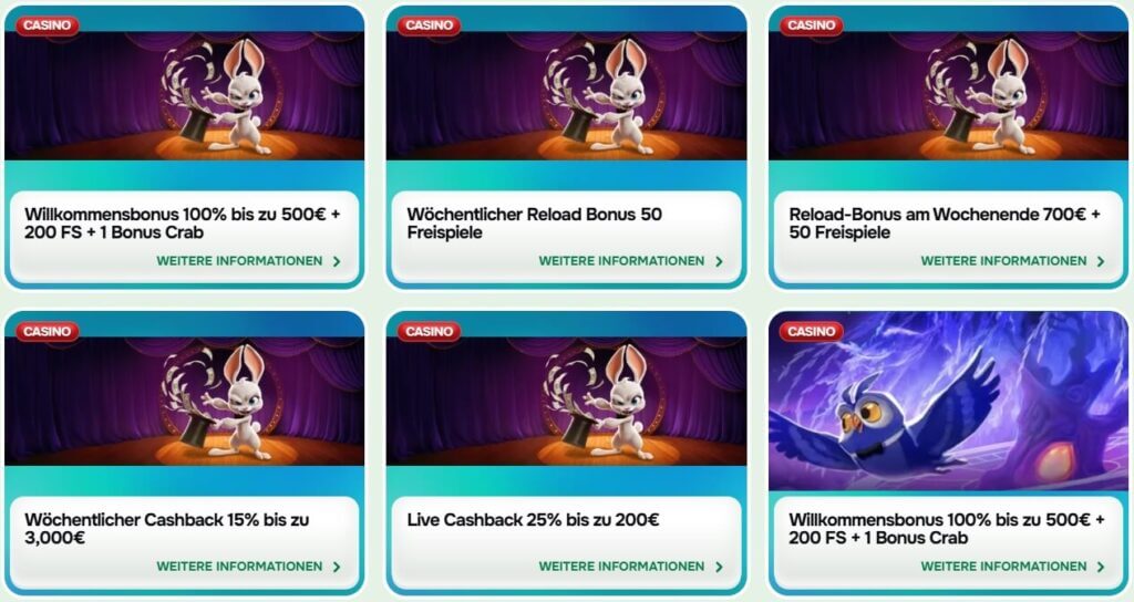 Der Willkommensbonus von Casinolo bietet 100 % bis zu 500 €, 200 Freispiele und eine Bonuskrabbe.