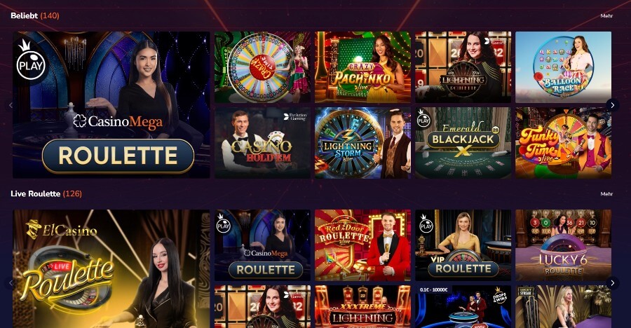 Die Benutzeroberfläche von CasinoMega präsentiert sich klar und übersichtlich. Es gibt keine separate Seitenleiste, was die Navigation besonders intuitiv gestaltet.
