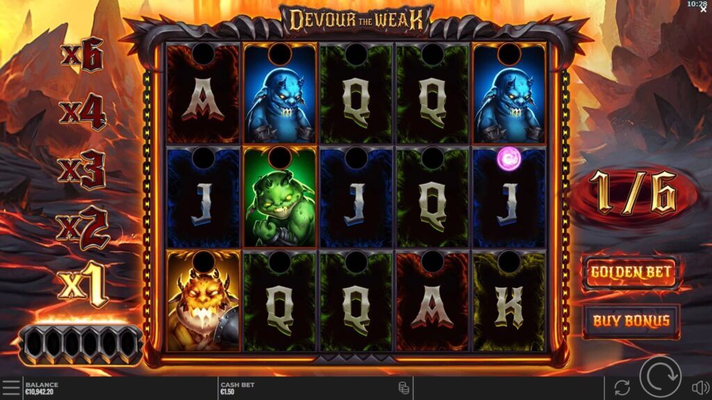 Freispiele, Multiplikatoren, Bonuskäufe, Golden Bet, Wild-Symbol und Kaskaden.