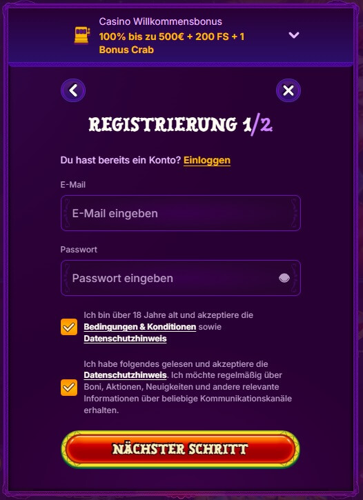 Die Registrierung bei Duospin ist zügig abgeschlossen.