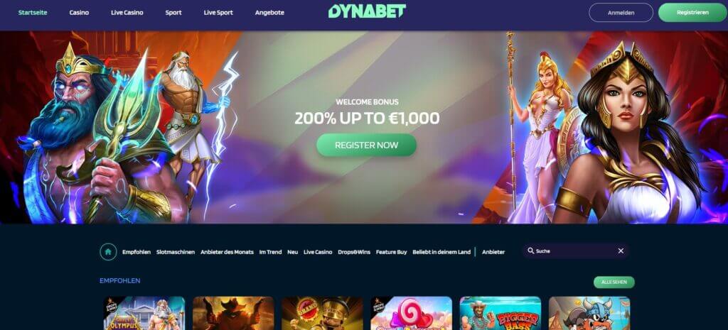 Auf der Dynabet-Webseite wird der Willkommensbonus beworben.