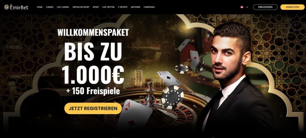 Die Webseite von Emirbet bewirbt ein attraktives Willkommenspaket.