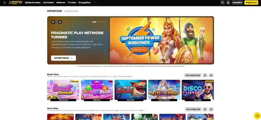 Wenn Sie das Energy Casino betreten, erwartet Sie eine ansprechend gestaltete Startseite.