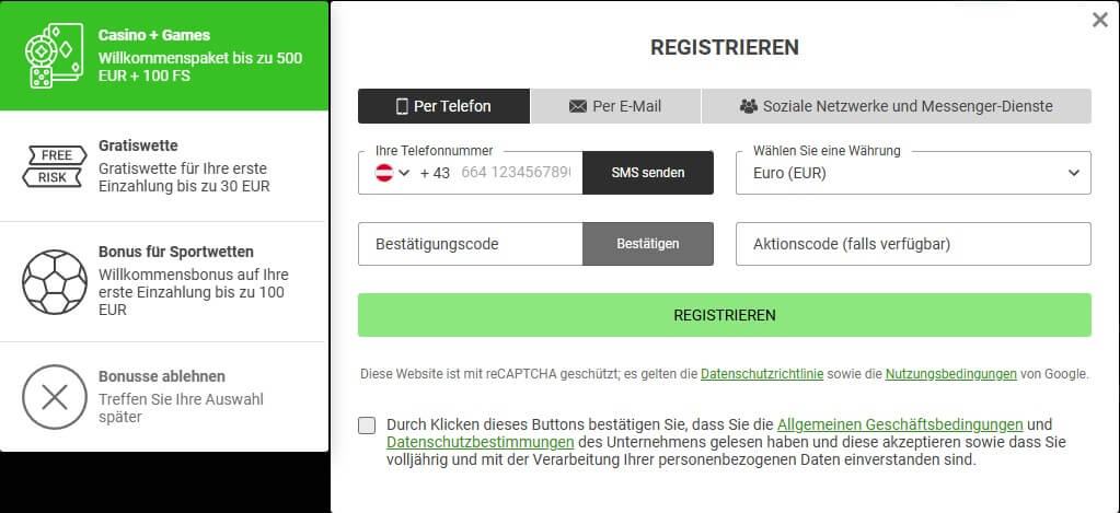 Für die Registrierung im FanSport stehen drei verschiedene Optionen zur Verfügung.