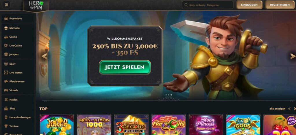 Die Webseite von HeroSpin bewirbt die verfügbaren Willkommensboni