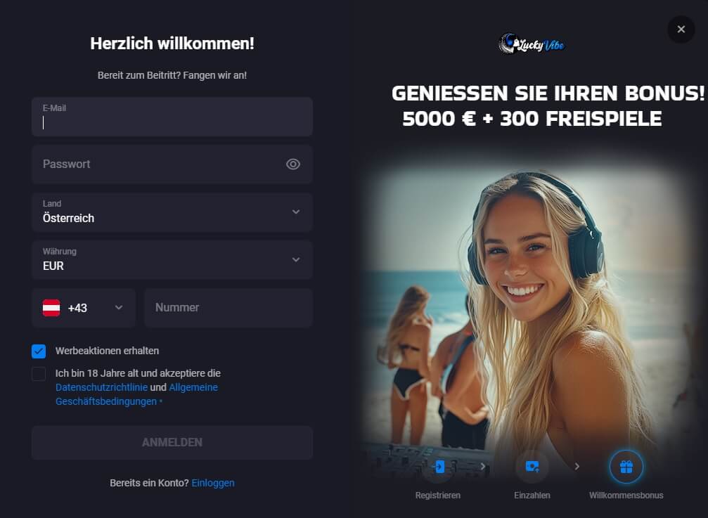 Ein Konto bei Lucky Vibe ist in wenigen Sekunden erstellt.