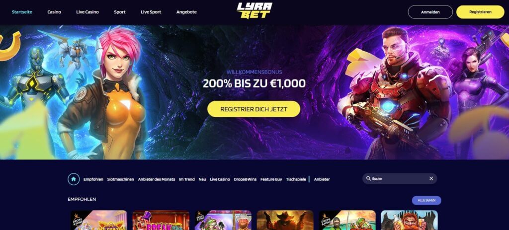 Auf der Lyrabet Webseite wird der Willkommensbonus hervorgehoben.