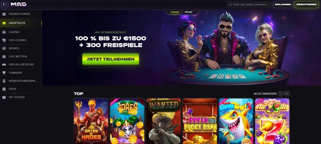 Auf der Website von Mad Casino wird der Willkommensbonus prominently beworben.