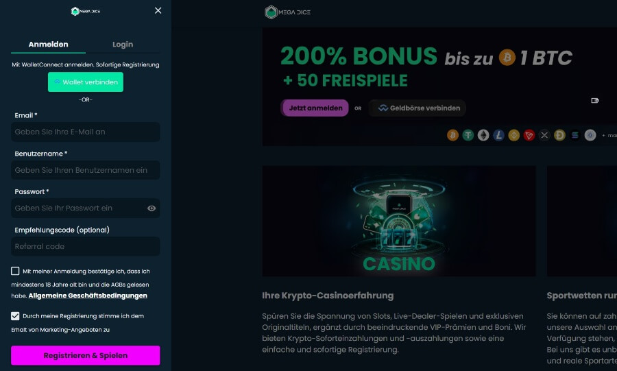 Innerhalb von nur 5 Sekunden anmelden im Mega Dice Krypto Casino