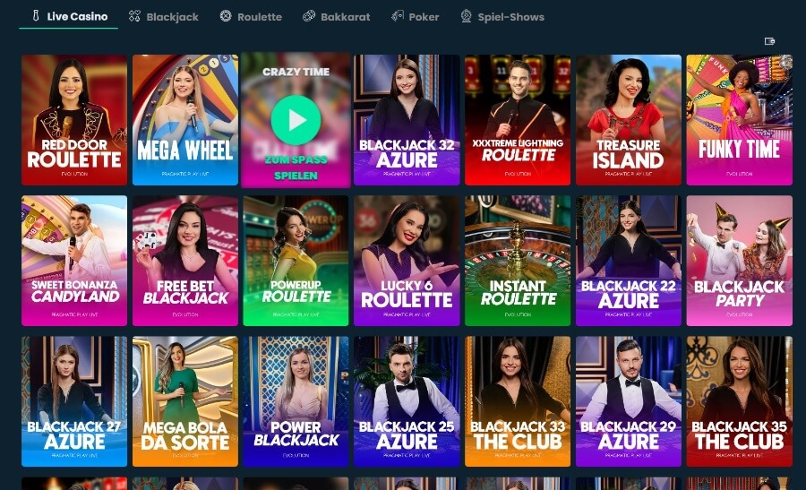 Die Live-Casino-Lobby von Mega Dice bietet eine beeindruckende Auswahl und Qualität an Spielen.