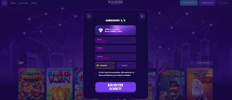 Schick anmelden im Polestar Online Casino.