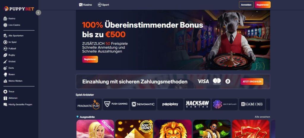 Die PuppyBet Webseite bleibt dem Hundethema treu, was sie besonders charmant macht.