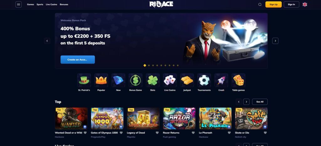Auf der Webseite von Rioace wird der Willkommensbonus prominently beworben.