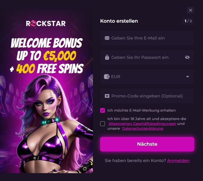 Für die Anmeldung benötigt das Rockstar Casino die üblichen persönlichen Daten.