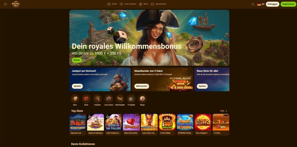 Die Startseite des RoyalSea Casinos ist in warmen Brauntönen gestaltet.
