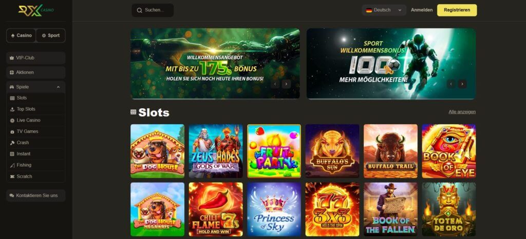 Die Webseite von RX.Casino hebt das Willkommenspaket hervor.