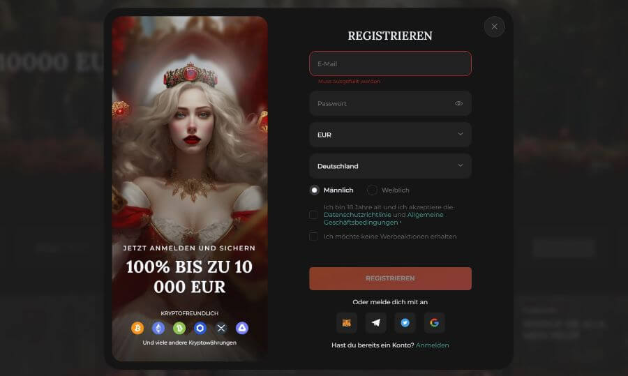 Anmeldung im Spades Queen Casino