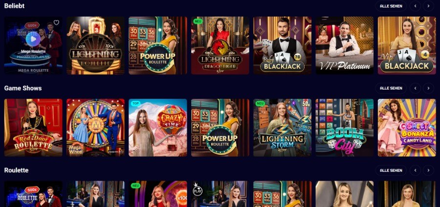 Die Live-Casino-Lobby des Spinjo Casinos.
