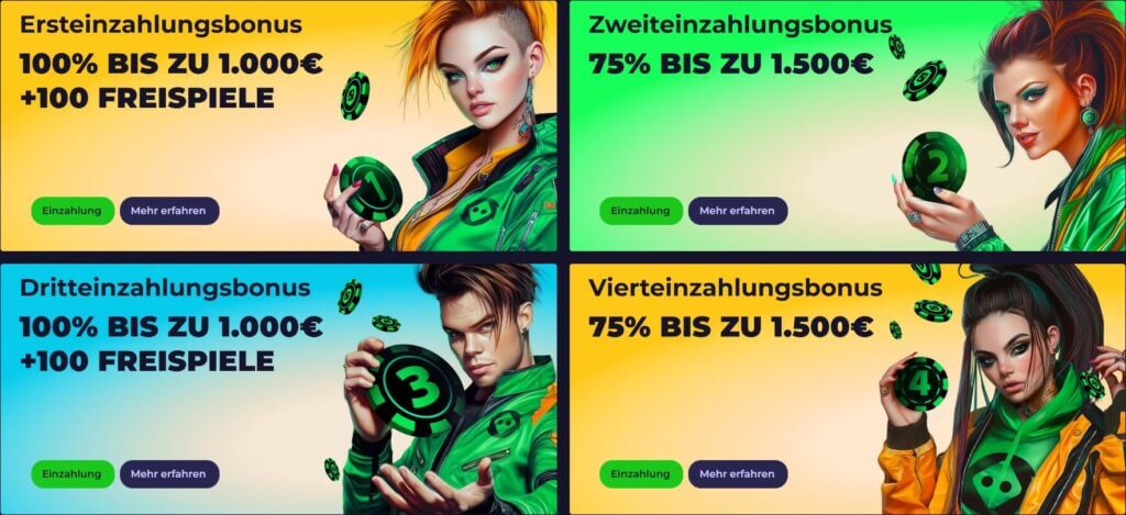Der Willkommensbonus bei Spinoloco umfasst vier attraktive Einzahlungsboni.