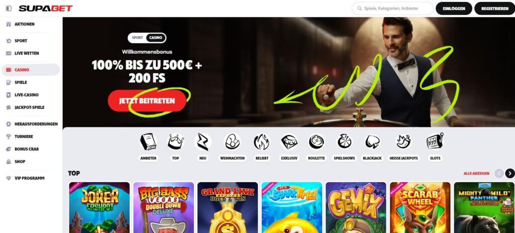Die Homepage von SupaBet hebt den Willkommensbonus deutlich hervor.