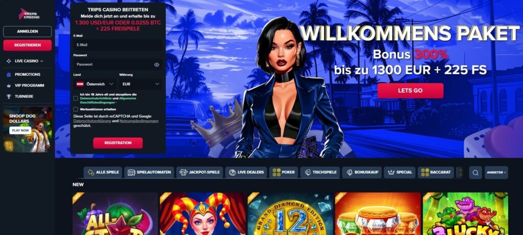 Die Webseite des Trips Casino hebt das Willkommenspaket hervor.