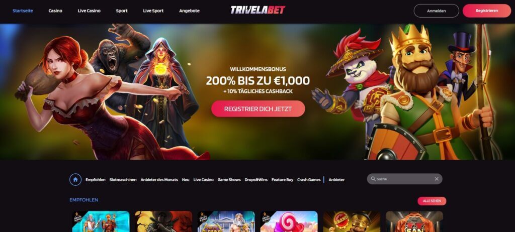 Das Trivela Casino belohnt neue Spieler mit einem 200 % Bonus bis zu 1.000 €.