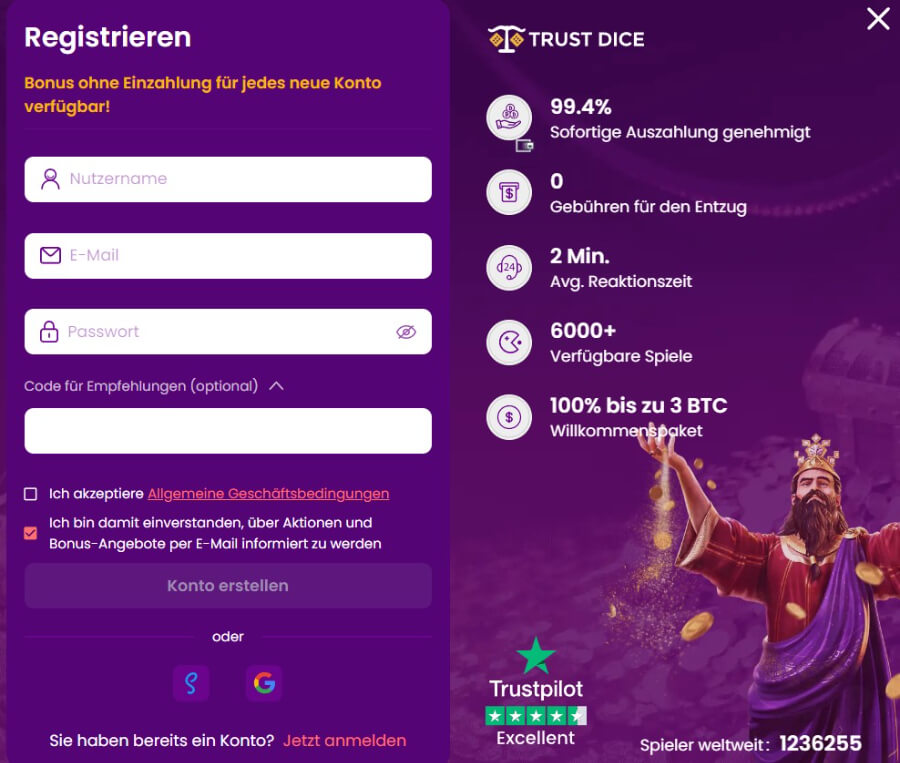Anmeldung bei TrustDice