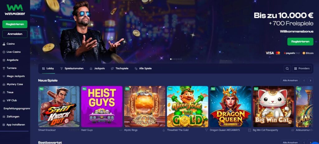 Die Bonusangebote im Winmaker Casino werden direkt auf der Startseite vorgestellt.